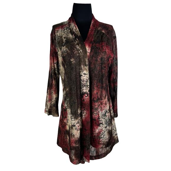 Chico's Size 1 Abstract Lace Mesh Open Cardigan Kimono Shawl Black Red Brown - Picture 2 of 8